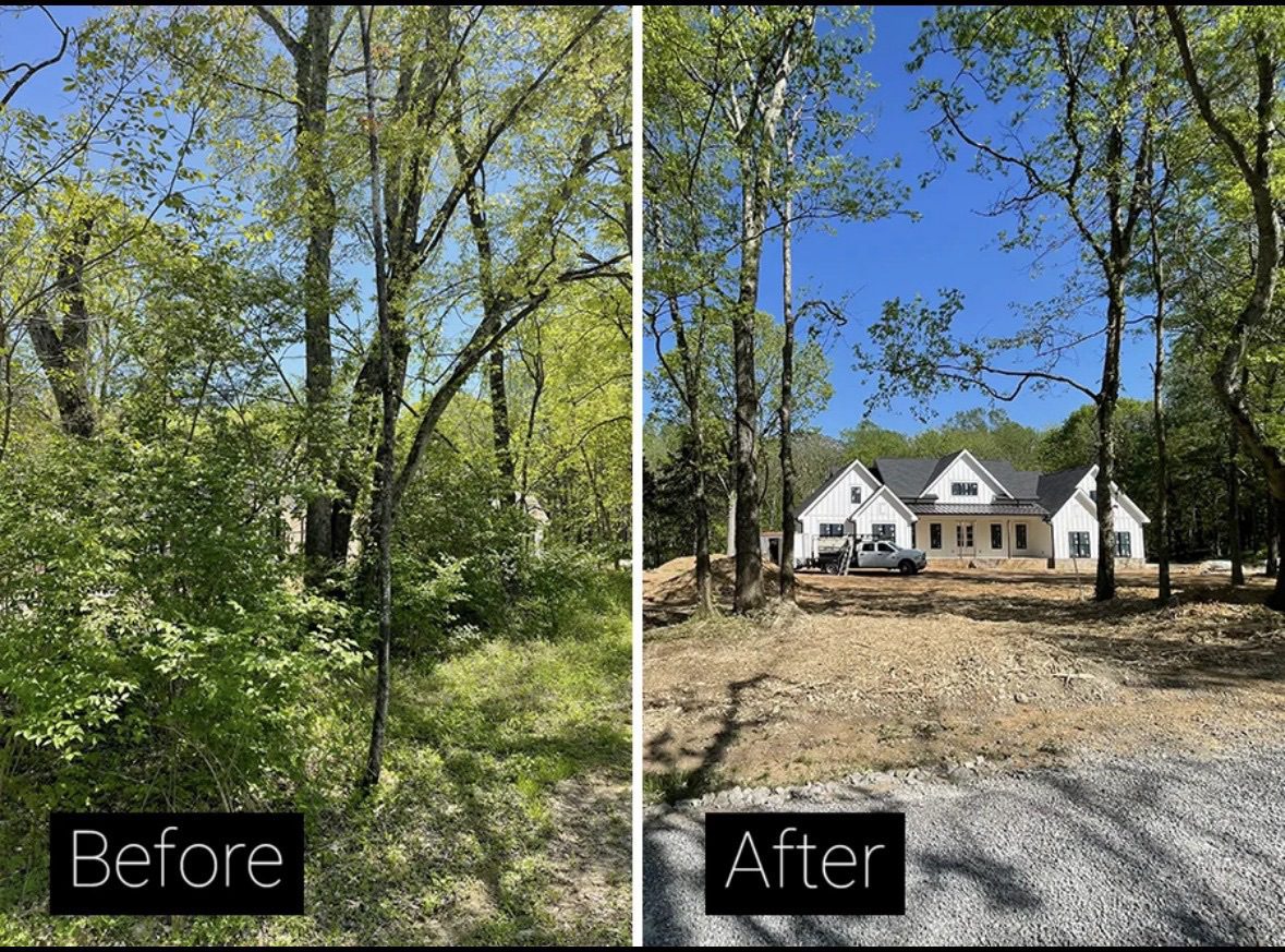 Before and after — pre-construction site prep and lot clearing in Mounds, Creek County, Oklahoma. Wooded lot cleared for new farmhouse build with gravel driveway.