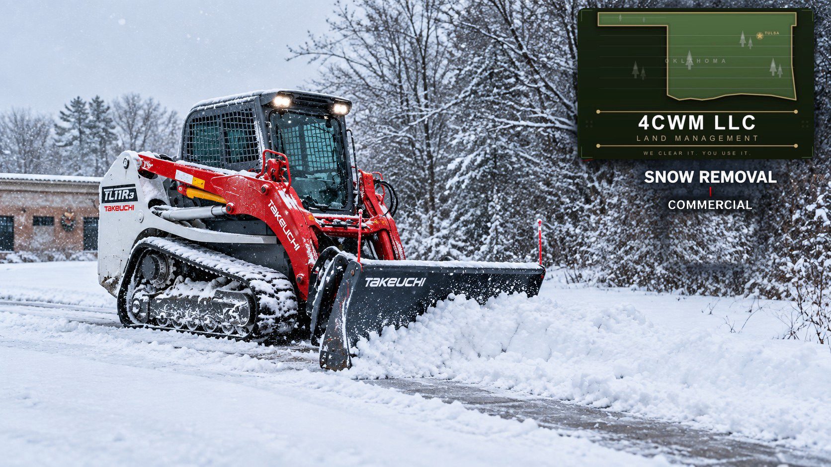 4CWM LLC Land Management commercial snow removal in Tulsa, Oklahoma, Takeuchi track loader with snow pusher